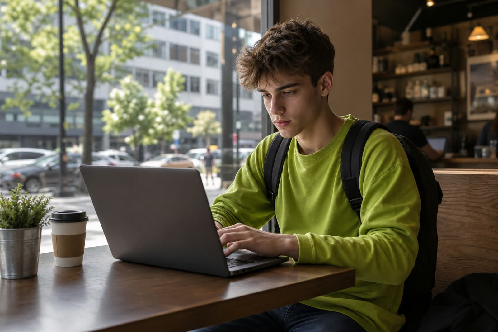 Young adult working flexibly on a laptop