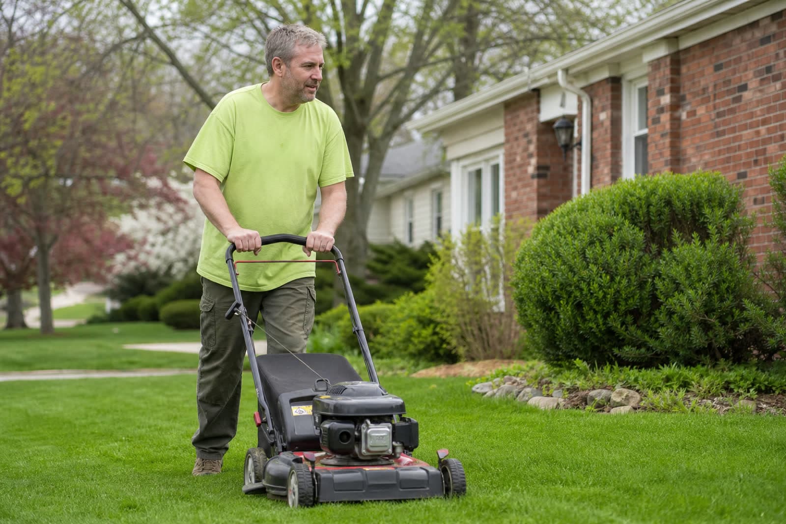 Welper providing lawn care in a neighborhood yard